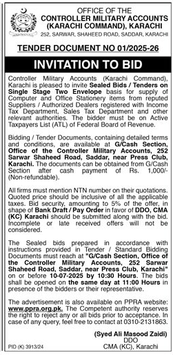 Controller Military Accounts Karachi Tender Notice